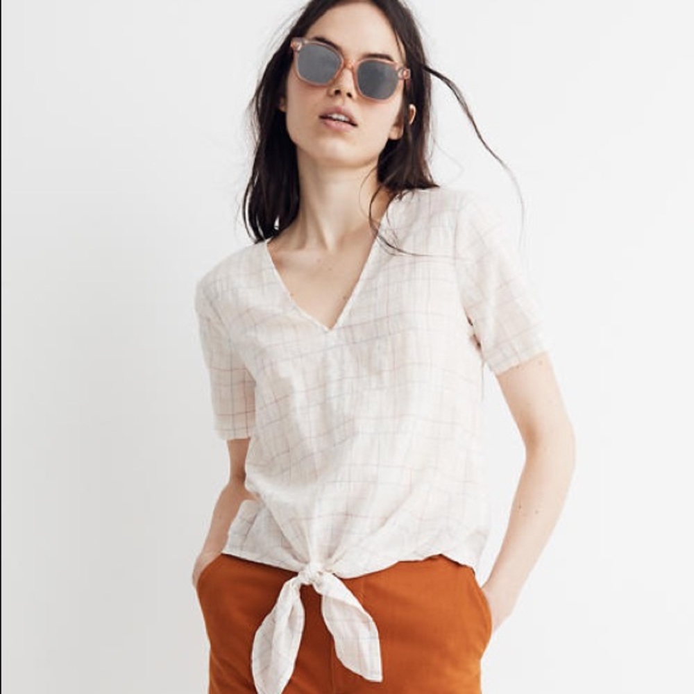 NWT Madewell Rainbow Windowpane Tie Front Top